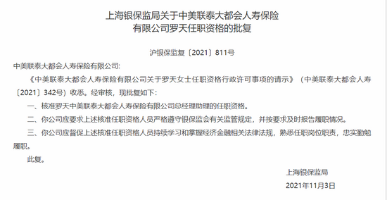 上海银保监局关于中美联泰大都会人寿保险有限公司罗天任职资格的批复 沪银保监复〔2021〕811号