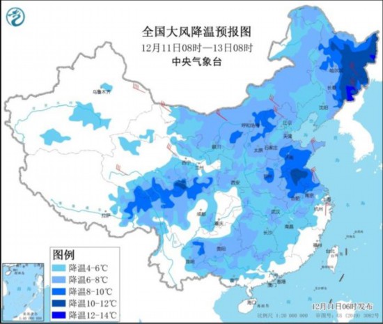 全国大风降温预报图(11日8时-13日8时)